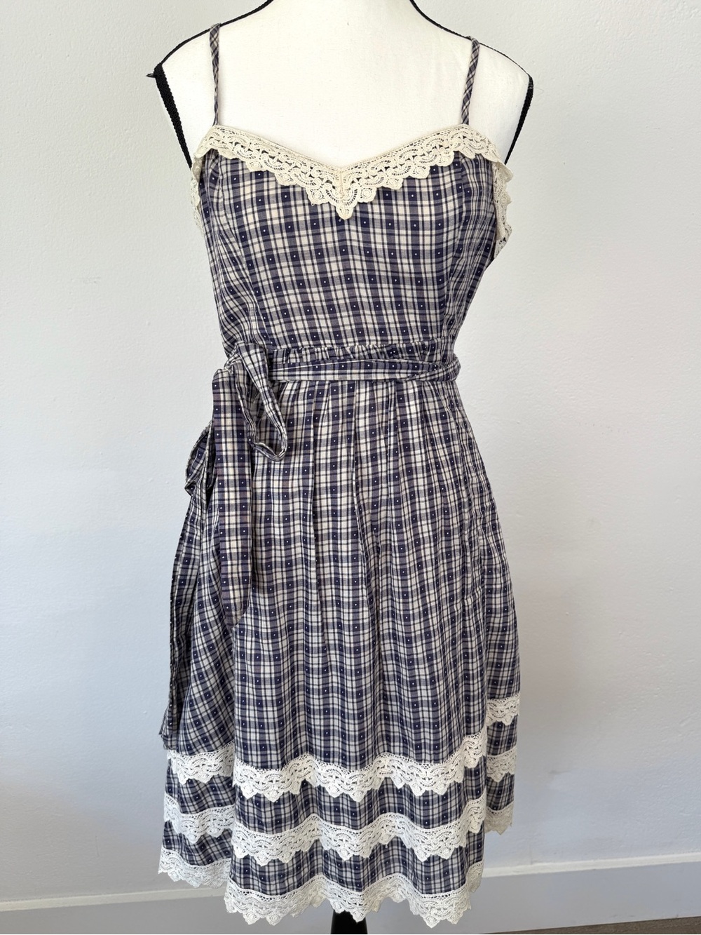 Moulinette Soeurs Anthropologie Size 2 Plaid Lace Blue/White Sundress